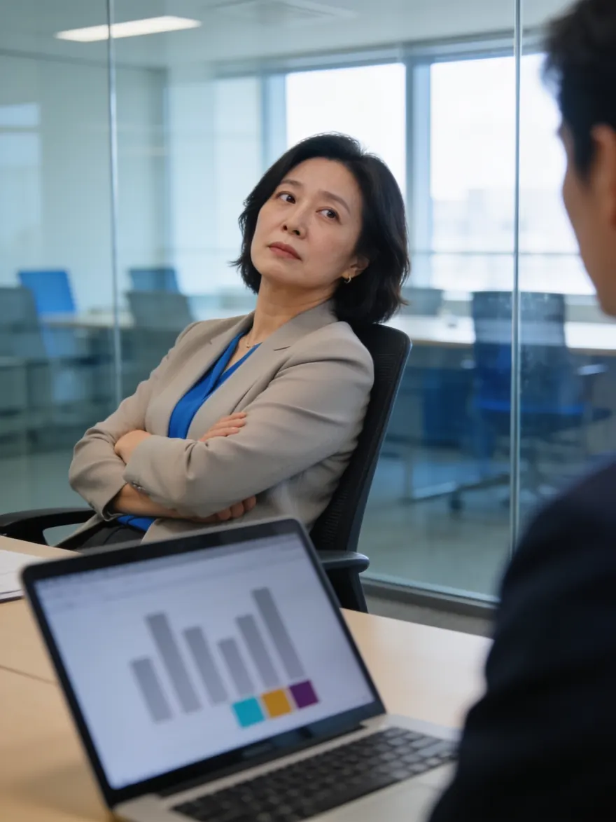 노트북 화면을 보며 결재를 망설이는 팀장