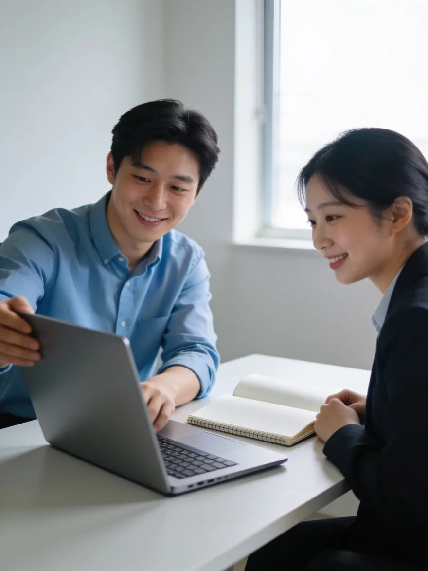 노트북을 돌려 담당자에게 화면을 보여 주는 장면