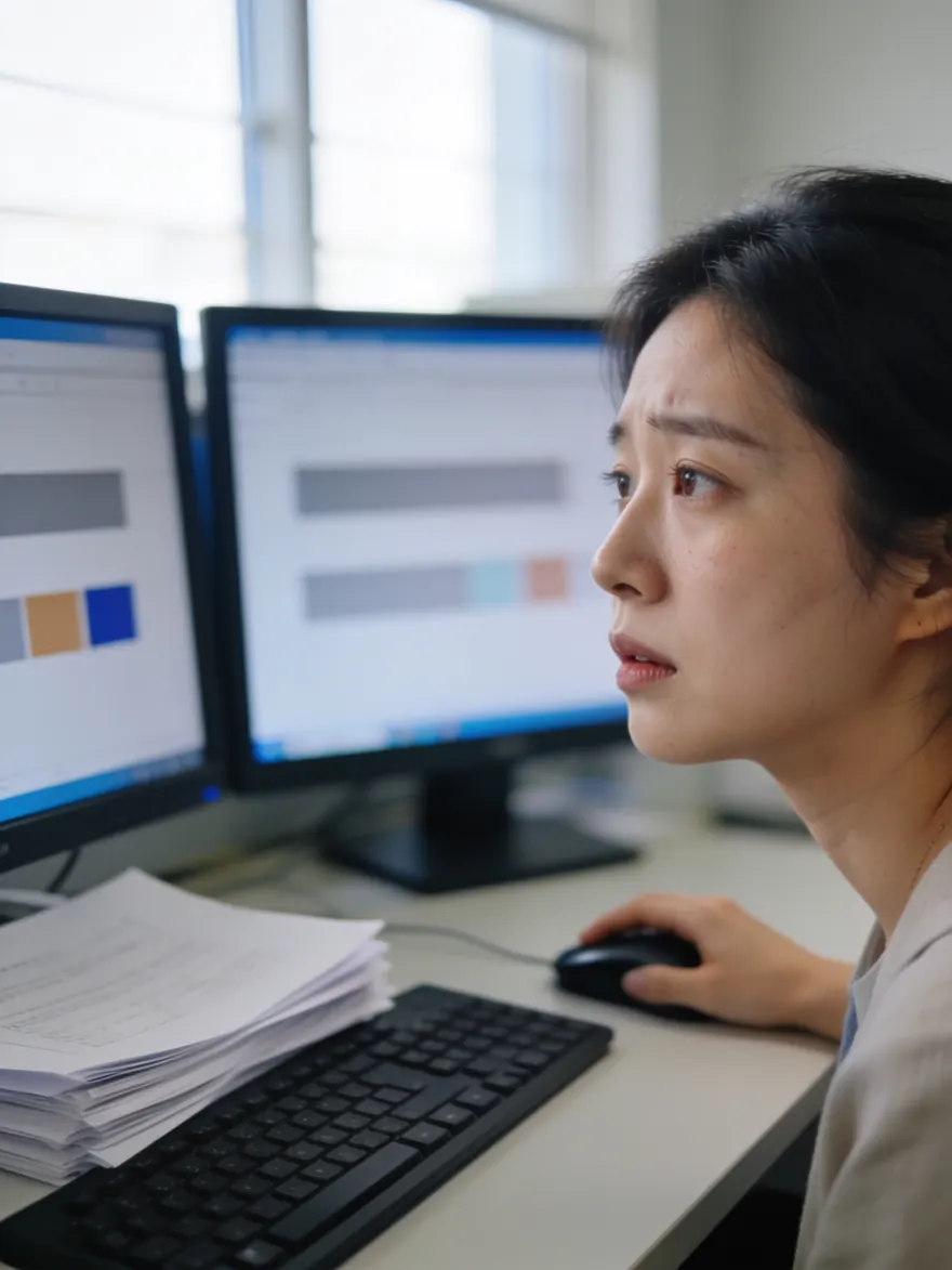 모니터 앞에서 표를 옮겨 적다 멈춘 실무자