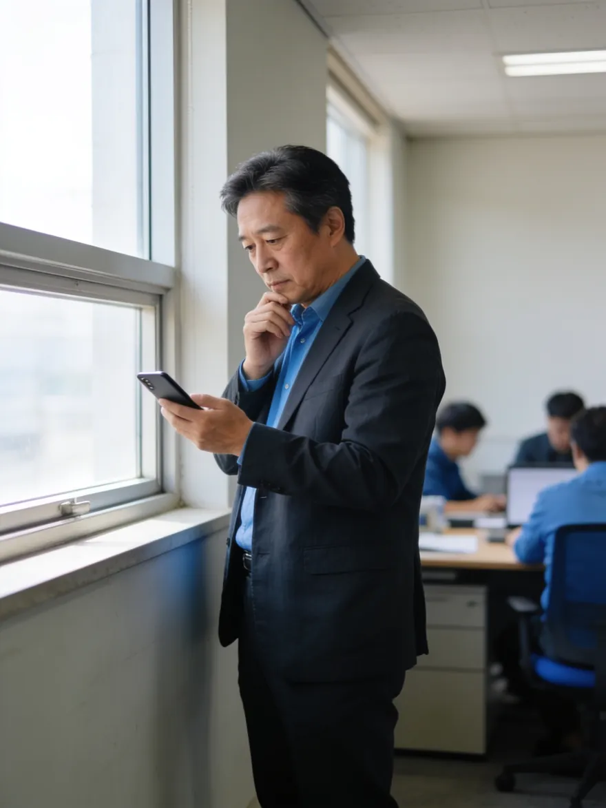 작은 사무실에서 휴대폰을 보며 생각에 잠긴 사장님