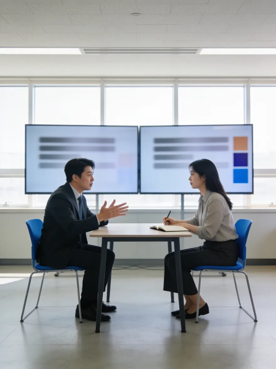 마주 앉아 업무 순서를 묻고 받아 적는 인터뷰 장면
