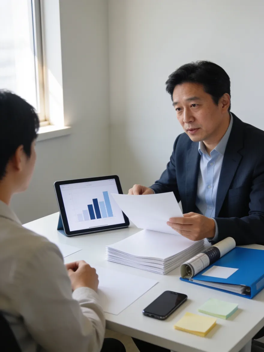 회의실 태블릿으로 월간 리포트를 보는 팀장