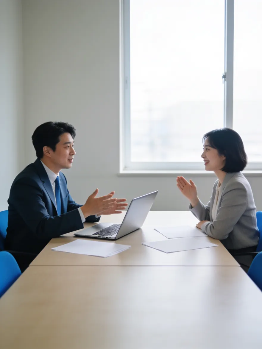 회의실 테이블에서 마주 앉아 상담하는 두 사람