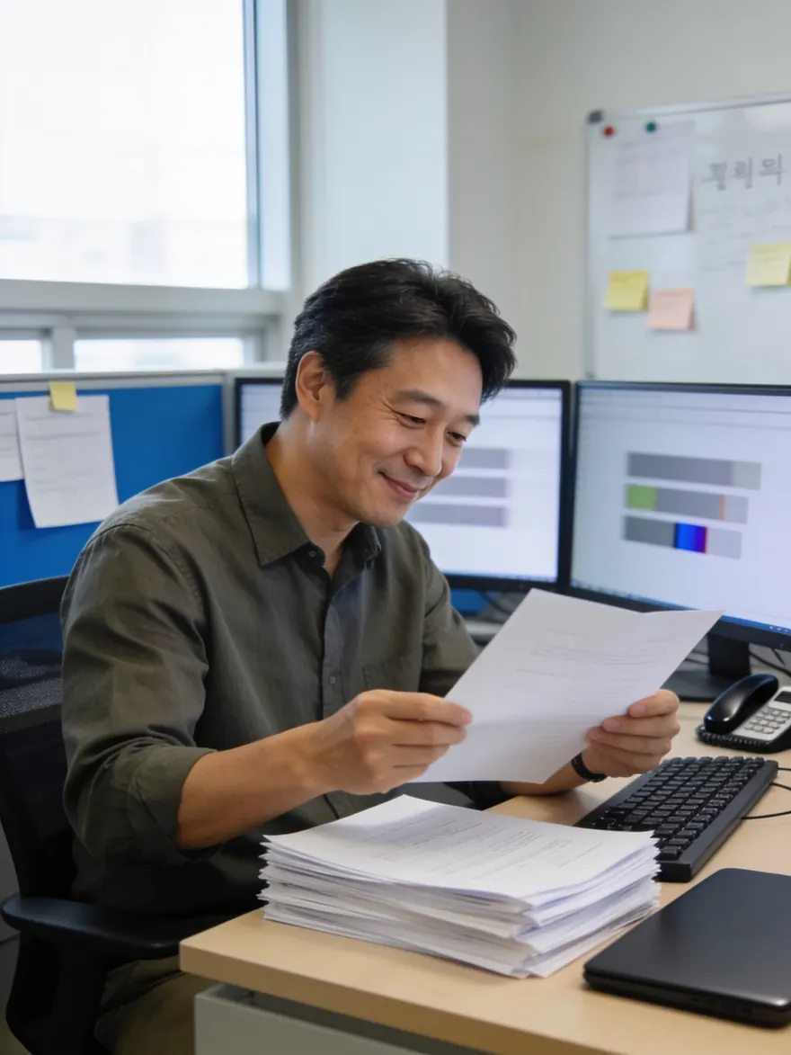 완성된 문서를 받아 확인하며 고개를 끄덕이는 팀장
