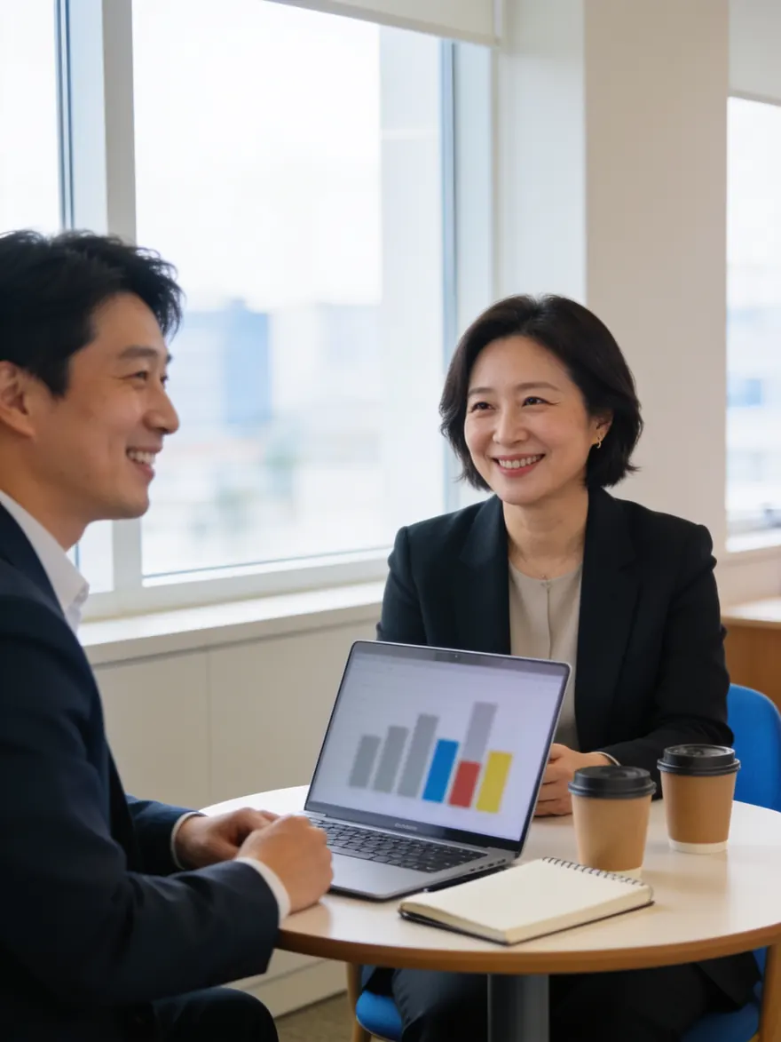 노트북을 앞에 두고 마주 앉아 웃으며 이야기하는 두 사람