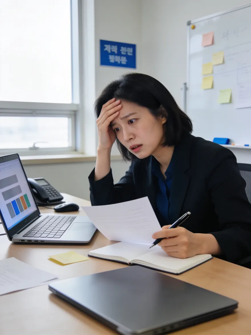 서류를 쥔 채 화면을 보며 굳은 표정의 실무자