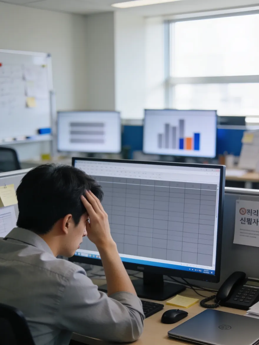 빈 표가 뜬 모니터 앞에서 당황한 직원