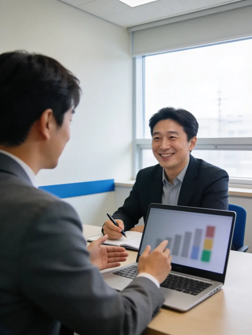 상담 테이블에서 마주 앉아 이야기하는 장면