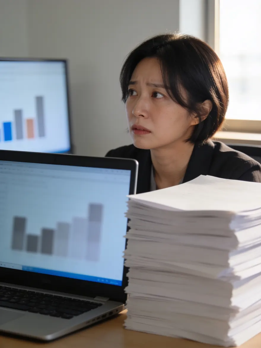 반복업무 자료에 둘러싸여 스프레드시트를 정리하는 담당자