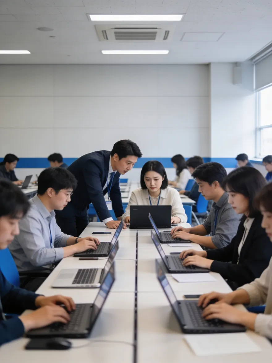 노트북이 놓인 긴 책상에 둘러앉은 강의실